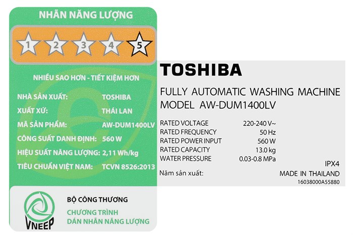 Máy giặt TOSHIBA Lồng đứng Inverter 13 kg AW-DUM1400LV (MK)